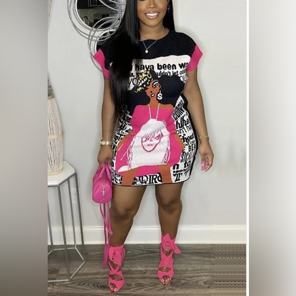 Pink Casual Graphic Print T-Shirt Mini Dress